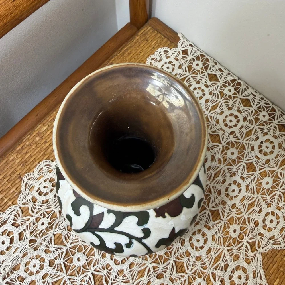 Ivory Crackle Glaze Bottle Vase Chinoiserie Olive Oxblood Vine 10